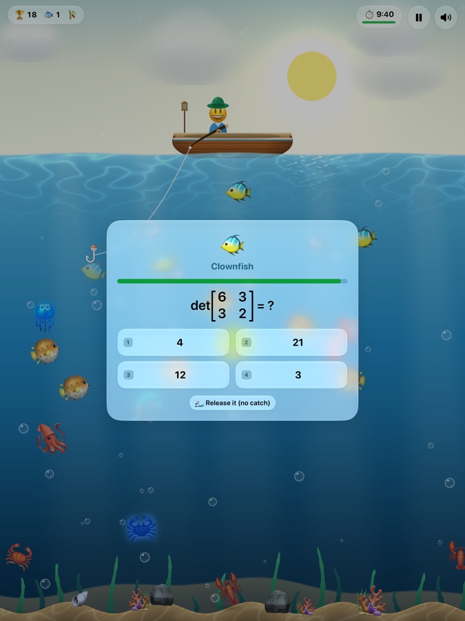 On iPad: a Legendary-mode question asking for the determinant of a 2 by 2 matrix