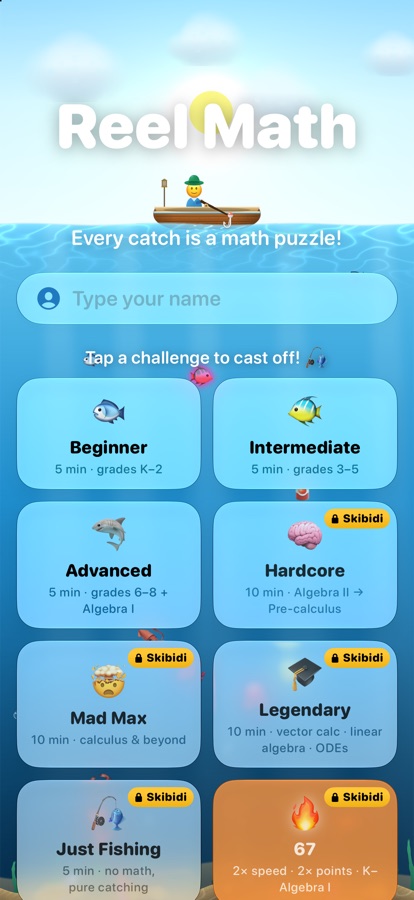 The Reel Math menu over a live ocean: a fisherman's boat on the water and nine game modes
