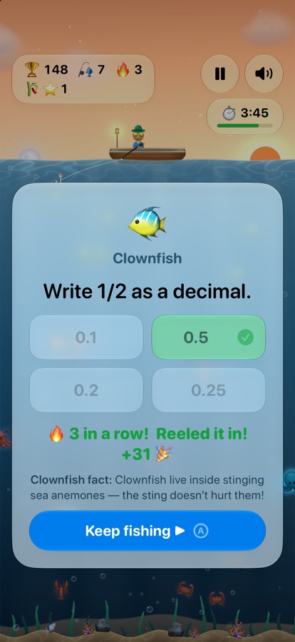 A math question on a glass card: write 1/2 as a decimal, answered correctly with a 3-in-a-row streak